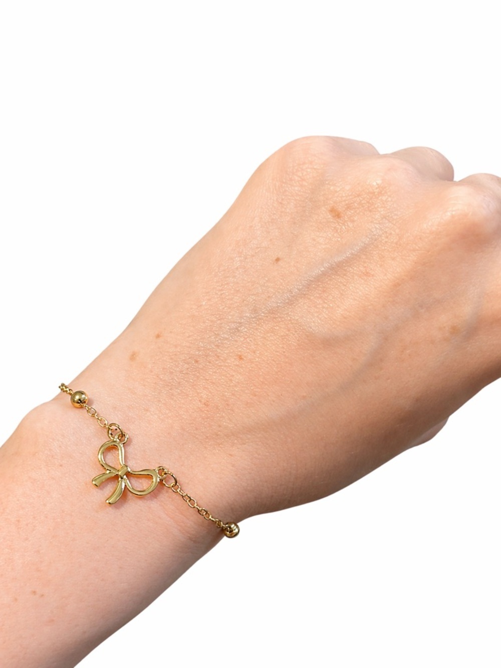 14K Gold Plated Bow Bracelet 10” Adjustable Dainty Chain Beaded Minimal - Picture 2 of 12